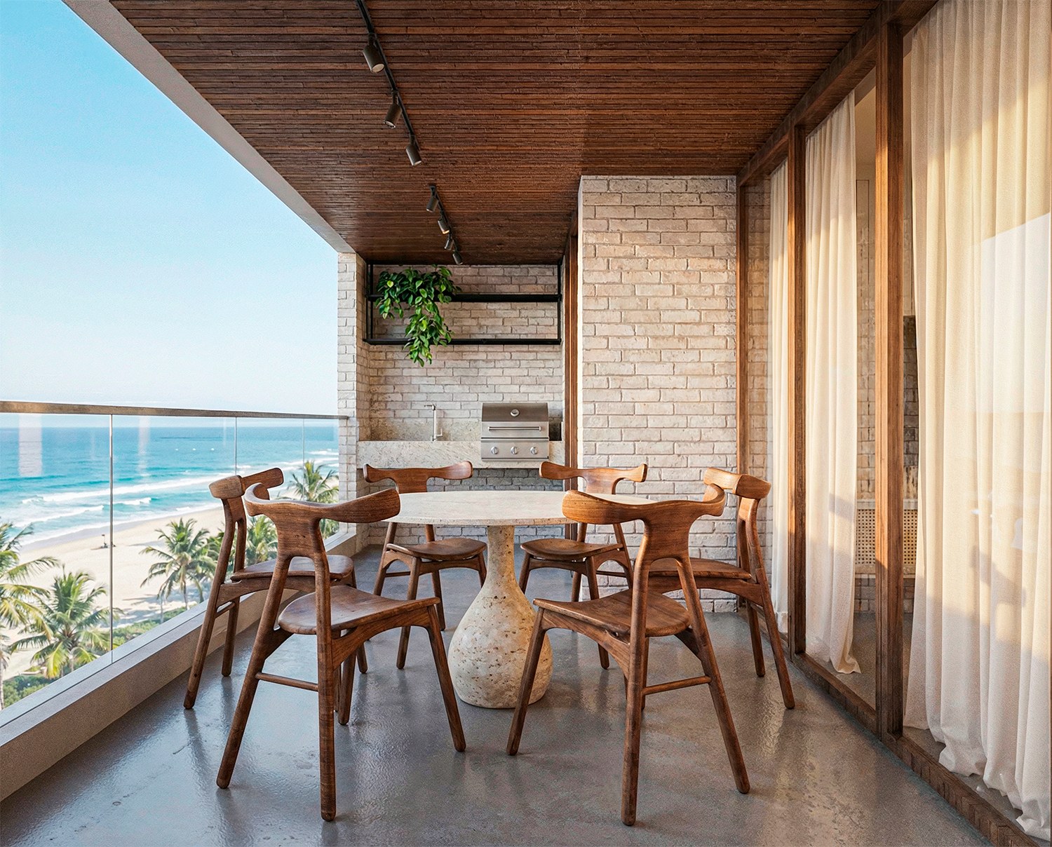 Perspectiva de varanda com mesa e vista aberta